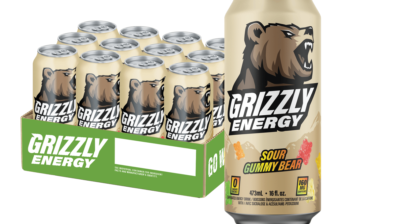 A case of Grizzly Energy Sour Gummy Bear with a single can beside it