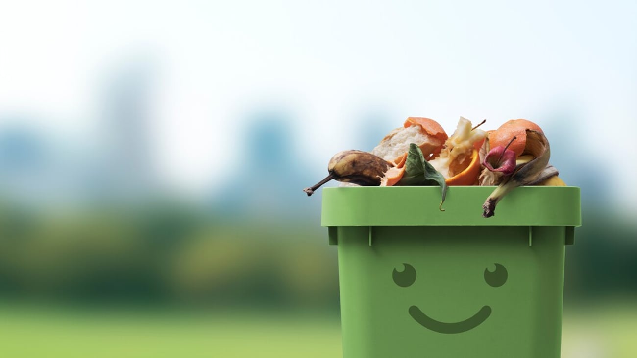 Smiling cute garbage bin character full of organic biodegradable waste, separate waste collection and recycling concept; Shutterstock ID 2135886895