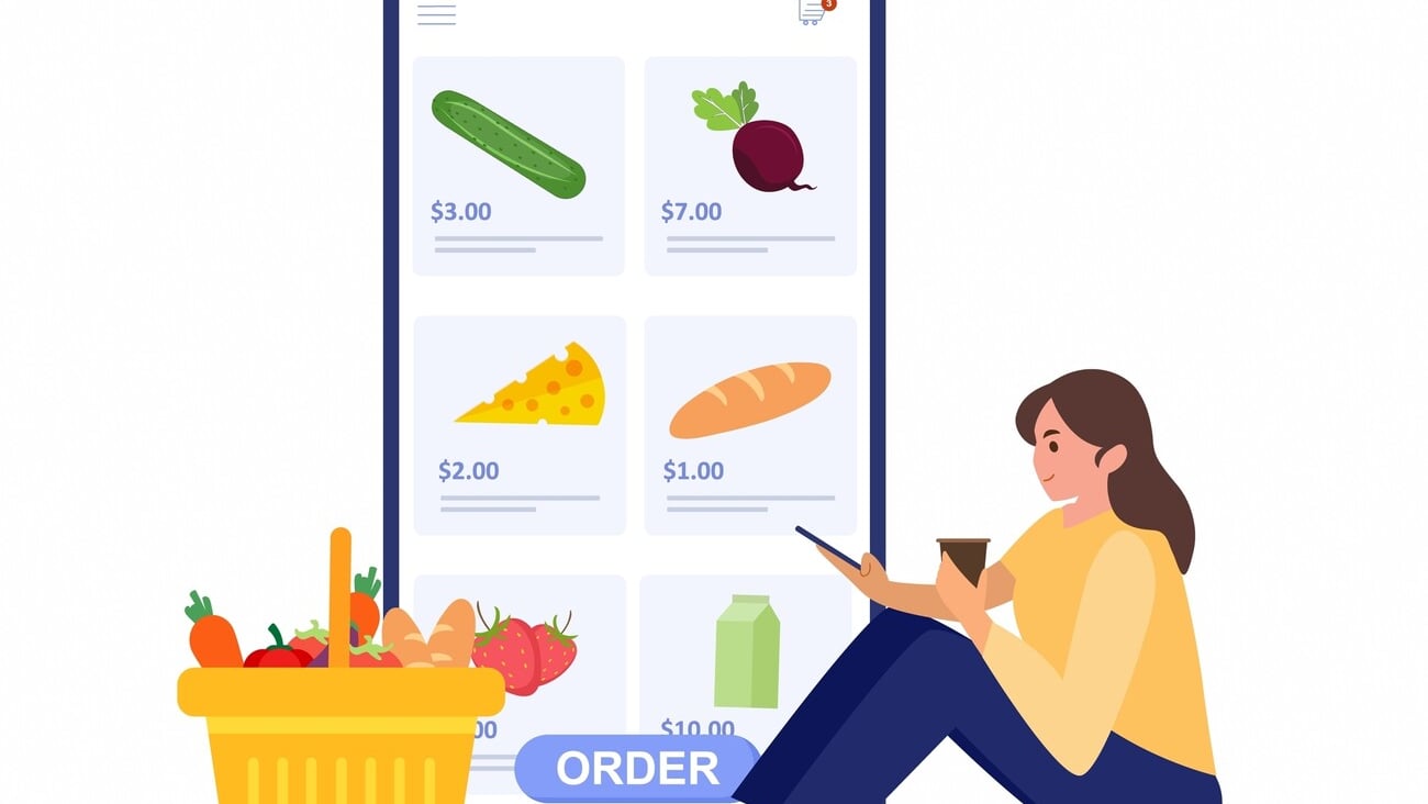 Order fresh fruits and vegetables online via grocery mobile application Delivery online concept.; Shutterstock ID 2326186439