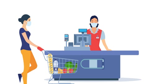 Vector illustration of a female grocery shopper and a female cashier