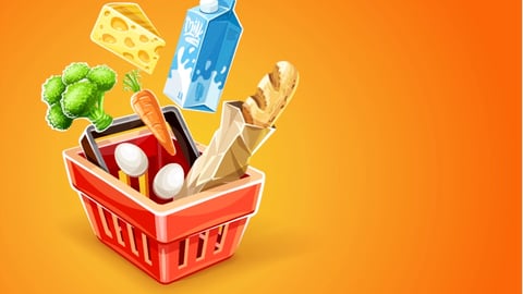 Shopping basket. Organic food sale concept. Goods products falling down into red basket. Milk package, cheese, vegetables broccoli cabbage and carrot, bread baguette in paper packaging, eggs.