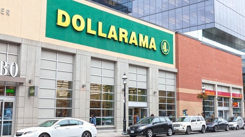 Exterior street view shot of a Dollarama store downtown in Toronto