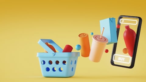 Illustration of a mobile phone with basket and grocery on yellow background.