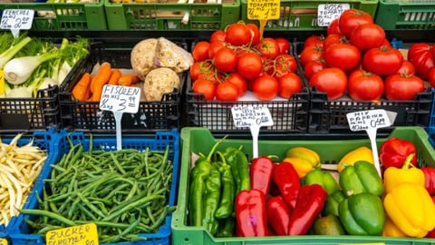 Rich selection of vegetables and salad for sale at an outdoor market