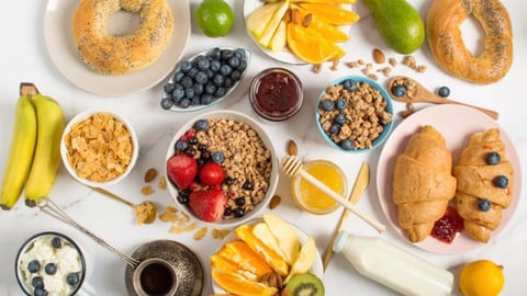 Top view of a healthy breakfast on a grey background