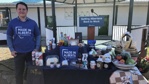 Agriculture and Forestry Minister Dreeshen introduces the new Made in Alberta, by Albertans label at the Millarville Farmers’ Market.