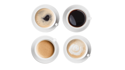 Four various coffee cups top view set isolated on white