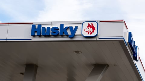 Close up of Husky gas station sign, owned by Husky Energy Inc. , a Canadian-based integrated energy company.