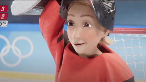 Animated female goalie lifting her mask during an Olympic fame