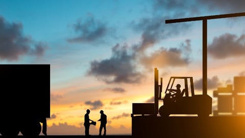 Silhouette inspector are examining the waybill with the Forklift and truck bringing up the goods in warehouses Business Logistics and Transportation over blurred natural background sunset pastel.