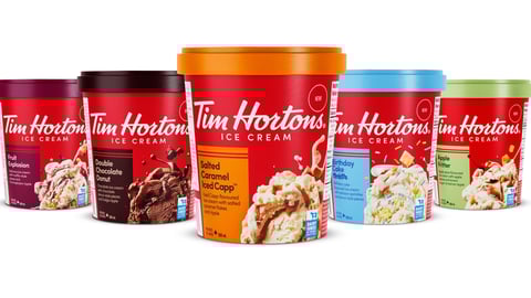 Lineup of Tim Hortons ice cream tubs