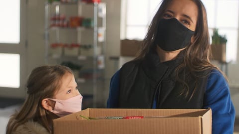 Mother and daughter wearing masks and holding a cardboard box full of food