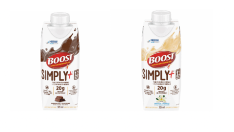 Boost Simply+ tetra packs in vanilla and chocolate