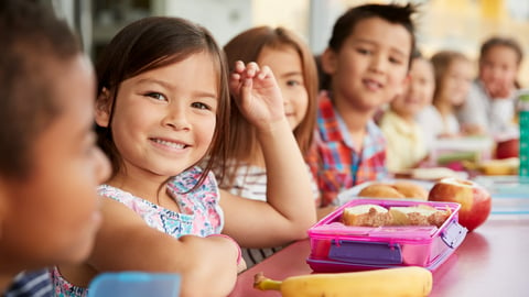 Elementary school kids sitting a table with packed lunches