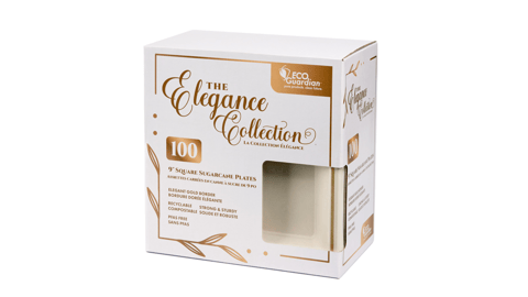 A box of Eco Guardian Elegance Collection gold-rimmed, compostable plates