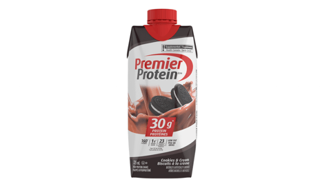 A tetra pack of Premier Protein Cookies & Cream high-protein shake