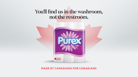 A pack of Purex paper towels in front of a red maple leaf