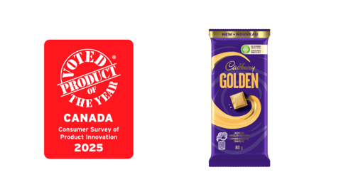 A bar of Cadbury Golden next to a Product of the Year logo