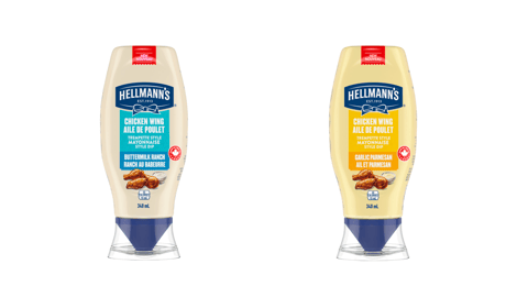 Two bottles of Chicken Wing Mayonnaise Style Dips in Garlic Parmesan and Buttermilk Ranch 