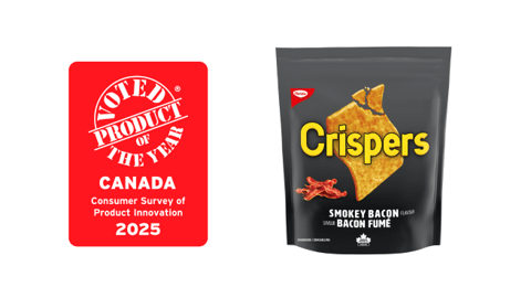 A bag of Crispers Smokey Bacon next to a Product of the Year logo