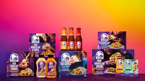 The Taco Bell at Home line of products against a vibrant background