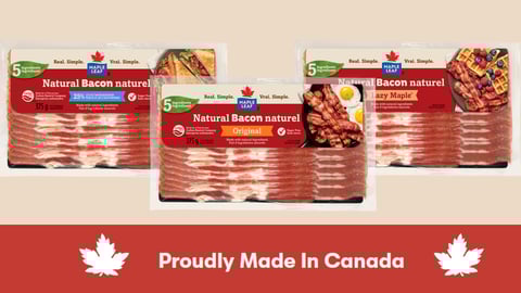 Three packs of Maple Leaf Bacon with a Proudly Made in Canada banner along the bottom