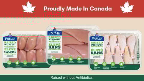 three packs of Maple Leaf Prime Raised without Antibiotics Chicken with a Proudly Made in Canada banner along the top