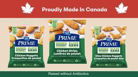 Three packs of Maple Leaf  Prime Raised Without Antibiotics Frozen Chicken with a Proudly Made in Canada banner along the top