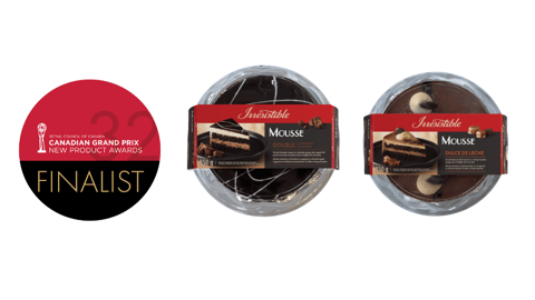Two packs of Irrésistible Mousse Cakes next to the Grand Prix finalists logo