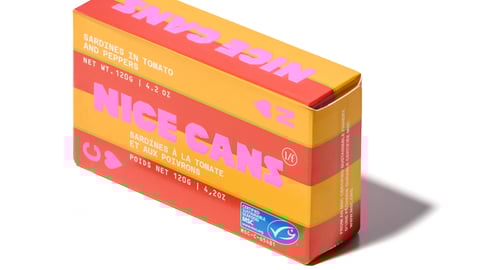 A box of Nice Cans sardines