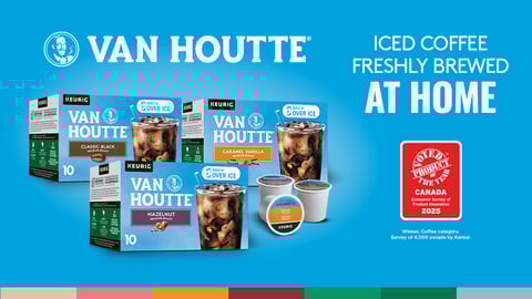Package shots of Van Houtte Brew Over Ice alongside a Product of the Year logo