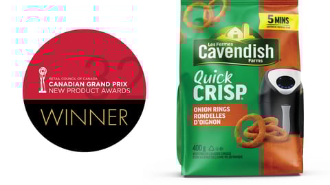 A pack of Cavendish Quick Crisp onion rings next to the Grand Prix winners logo