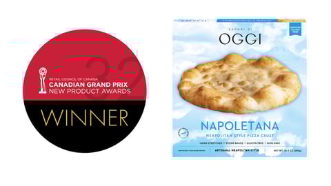 A box of Oggi pizza next to a Grand Prix winner logo