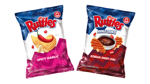Side by side bags of Ruffles Spicy Garlic and Ruffles Double Crunch Korean Sweet Chili Potato Chips