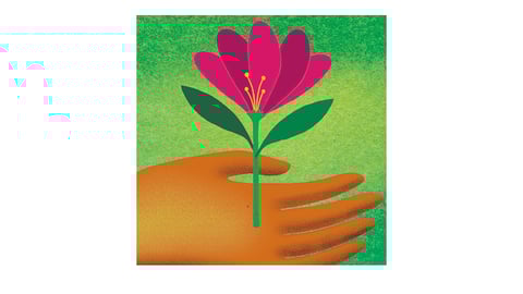 Illustration of a pink flower balancing in the palm of a hand