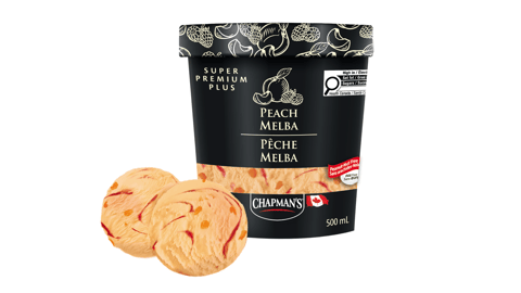 a tub of Chapman's Peach Malba ice cream with two scoops sitting next to it