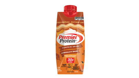 A carton of Premier Protein Pumpkin Spice High Protein Shake