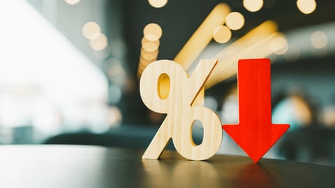 Percentage model and down arrow with evening sky Key concepts for success, methods, systems of raising or lowering Fed interest rates to correct inflation concepts.