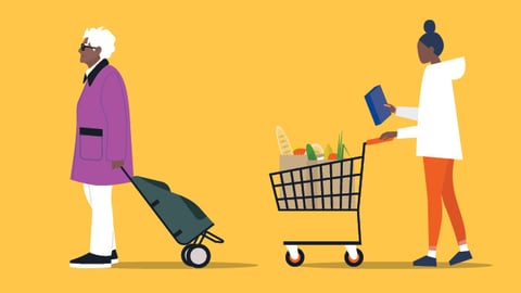 Digital rendering of baby boomer and gen Z grocery shopping