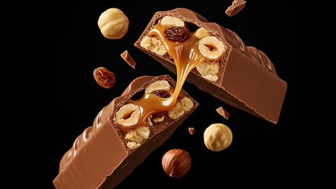 Chocolate bar on a black background with caramel and nuts 