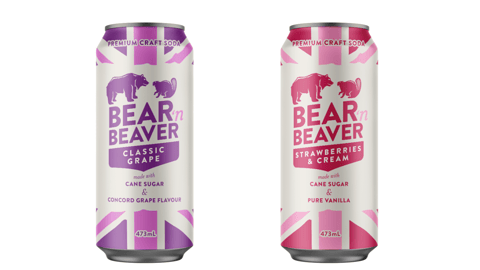 Cans of Bear ‘n Beaver Strawberries & Cream, Classic Grape Sodas