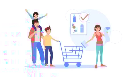 Vector cartoon flat happy family characters buy goods.Parents and kids use grocery shopping list for buying products-money saving,family budget management,web site banner ad concept design