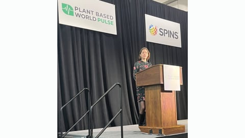 Photo courtesy of Progressive Grocer. Abby Sewell, of The Good Food Institute, gave a presentation at Plant Based World Expo in early December.