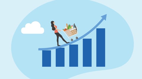 woman walking up an increasing chart with a grocery cart