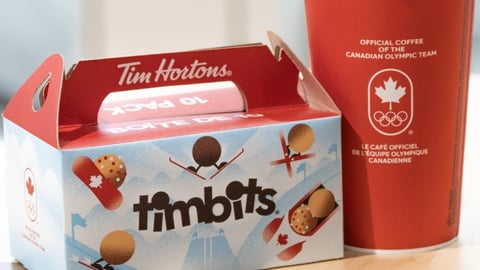 Tim Hortons Team Canada promotional hot beverage cup and Timbit box