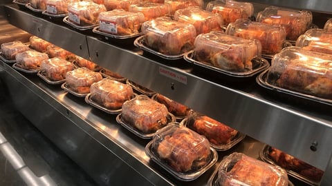Costco rotisserie chickens in a heated display case 