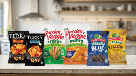 A display of plantt-based snacks including Terra Chips, Garden Veggie sticks and Garden of Eatin' chips 