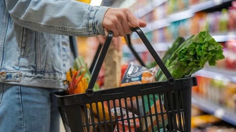 holiday shopping women standing in an aisle with a grocery basket