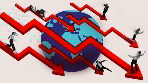 Contemporary art collage. People tumble across red arrows plummeting around globe, symbolizing global financial collapse and chaos. Concept of economic crisis, inflation, job loss, depression.