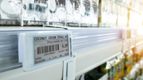 Smart retail digital store technology concept.Electronic Shelf Label(ESL) led for automatically updated displaying product pricing on shelves for retail business. Price is change from control service.